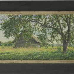 Igor BARKHATKOV (1958) - Russische School, 20e eeuw. - Zomerse ochtend' - Een boerenstal in een landschap.
