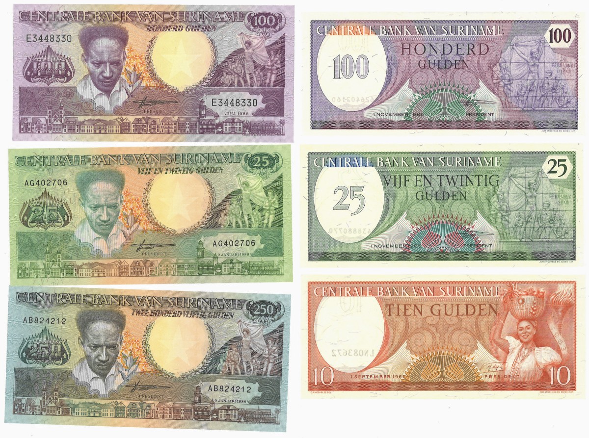 No reserve - Suriname. lot 6 banknotes. Type 1963/1985. - UNC.