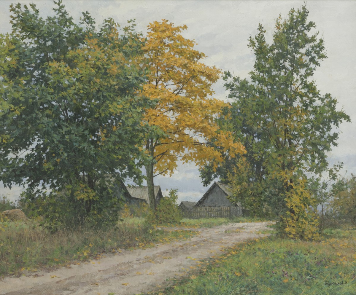 Igor BARKHATKOV (1958) - Russische School, 20e eeuw. Dacha aan een zandpad in een landschap.
