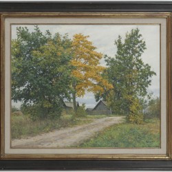 Igor BARKHATKOV (1958) - Russische School, 20e eeuw. Dacha aan een zandpad in een landschap.