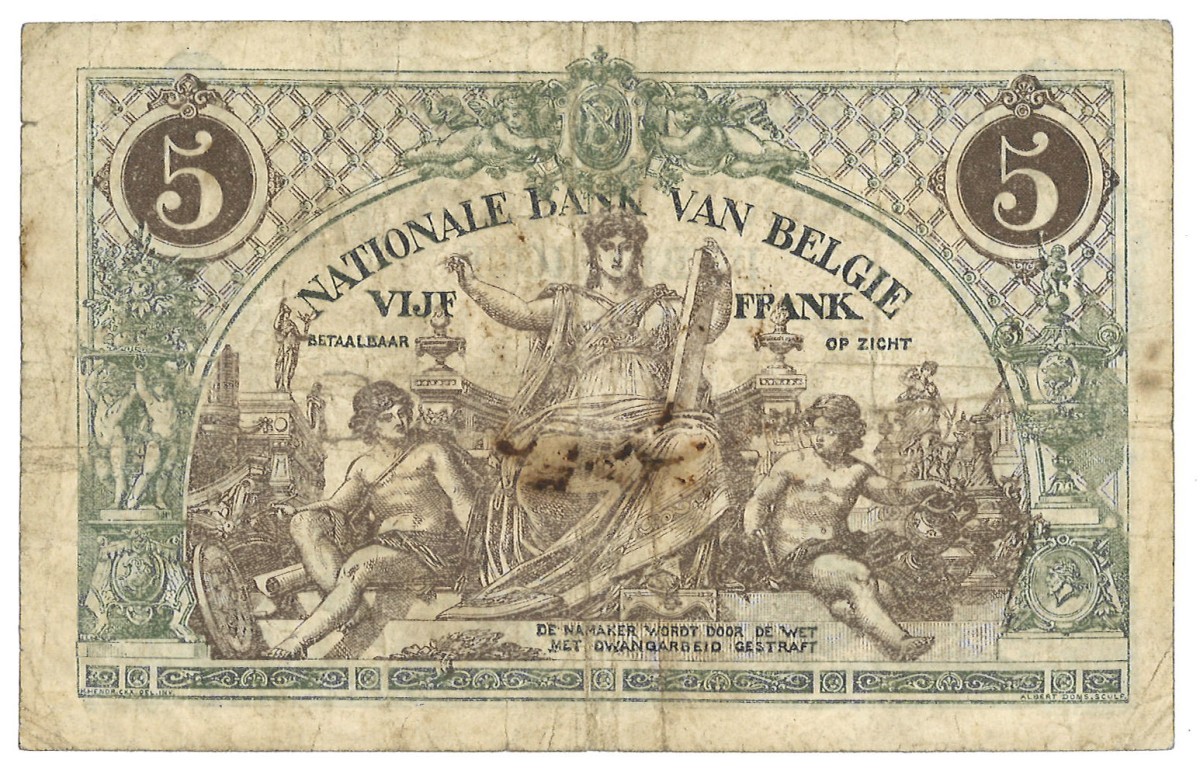 No reserve - Belgium. 5 francs. Banknote. Type 1918. - Fine.