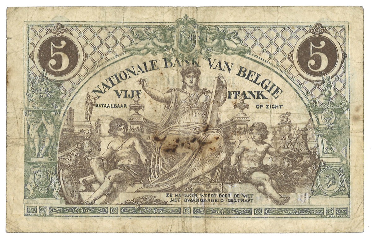 No reserve - Belgium. 5 francs. Banknote. Type 1918. - Fine.