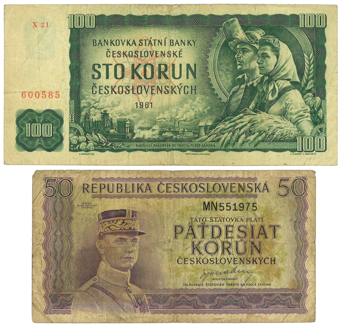 No reserve - Checkoslovakia. lot 2 banknotes. Type 1945-1946 /1961. - Very fine.