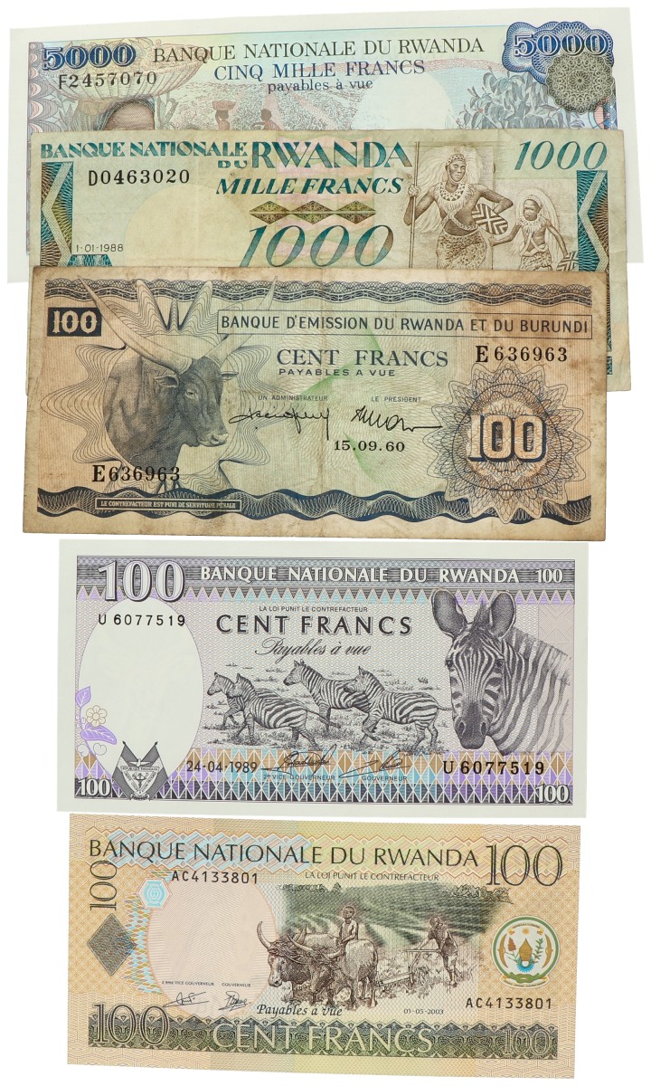 No reserve - Rwanda. lot 5 banknotes. Type 1960/2003. - Very fine / Extremely fine.