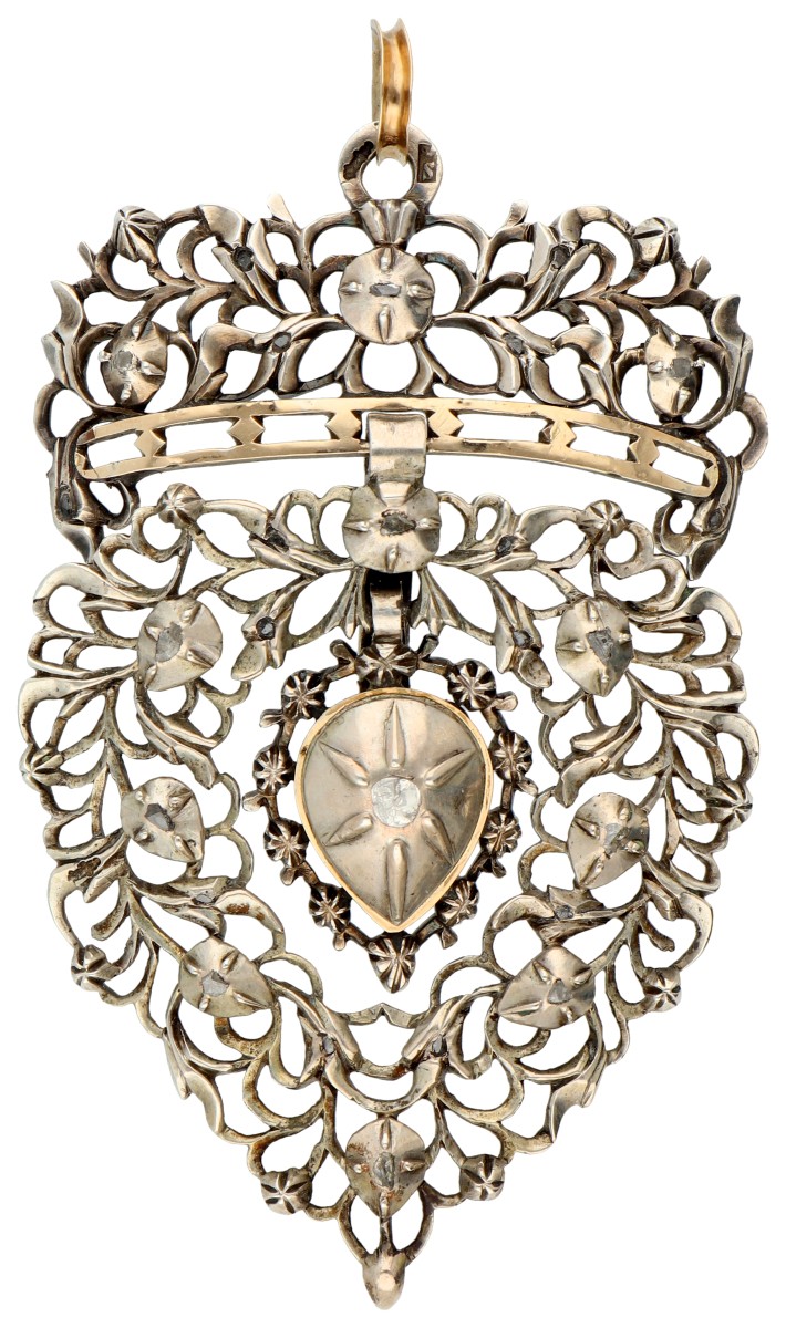 19e-eeuwse zilveren 'Vlaamse hart' hanger met tafelgeslepen diamant.