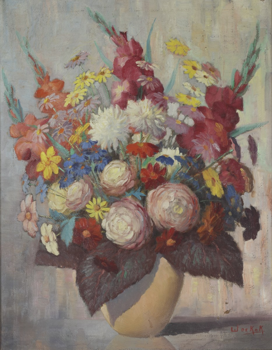 Willem de Kok (Eindhoven 1883 - 1959), Stilleven van bloemen in een vaas.