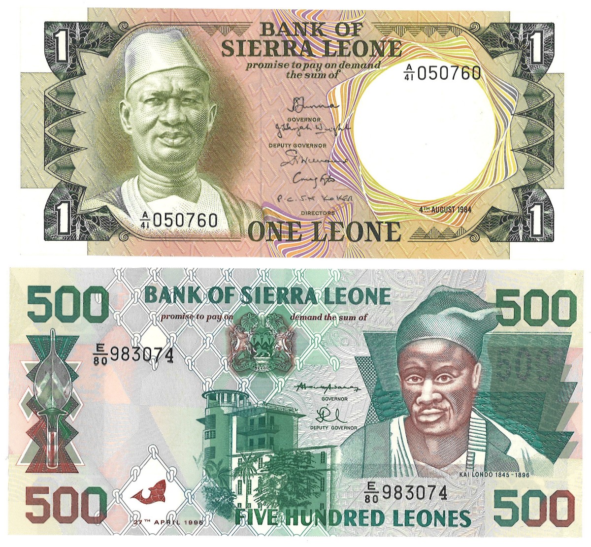 No reserve - Siera Leone. lot 2 banknotes. Type 1984/1995. - UNC.