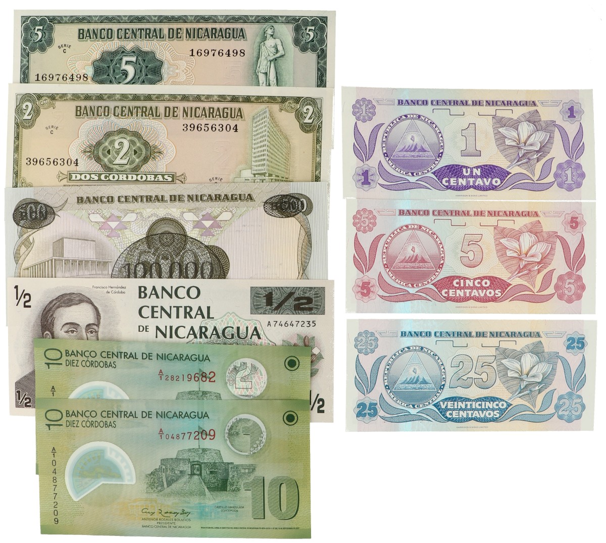 No reserve - Nicaragua. lot 9 banknotes. Type ND. - UNC.