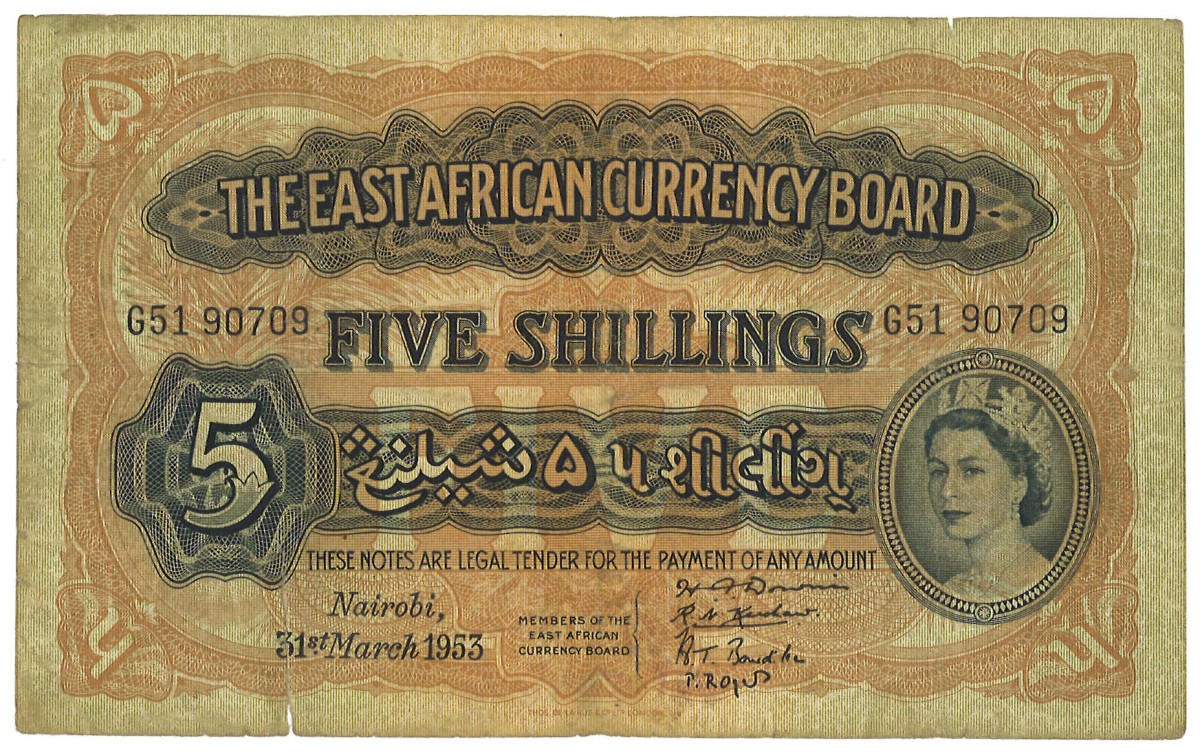 No reserve - Kenia. 5 shillings. banknote. Type 1953. - Fine.