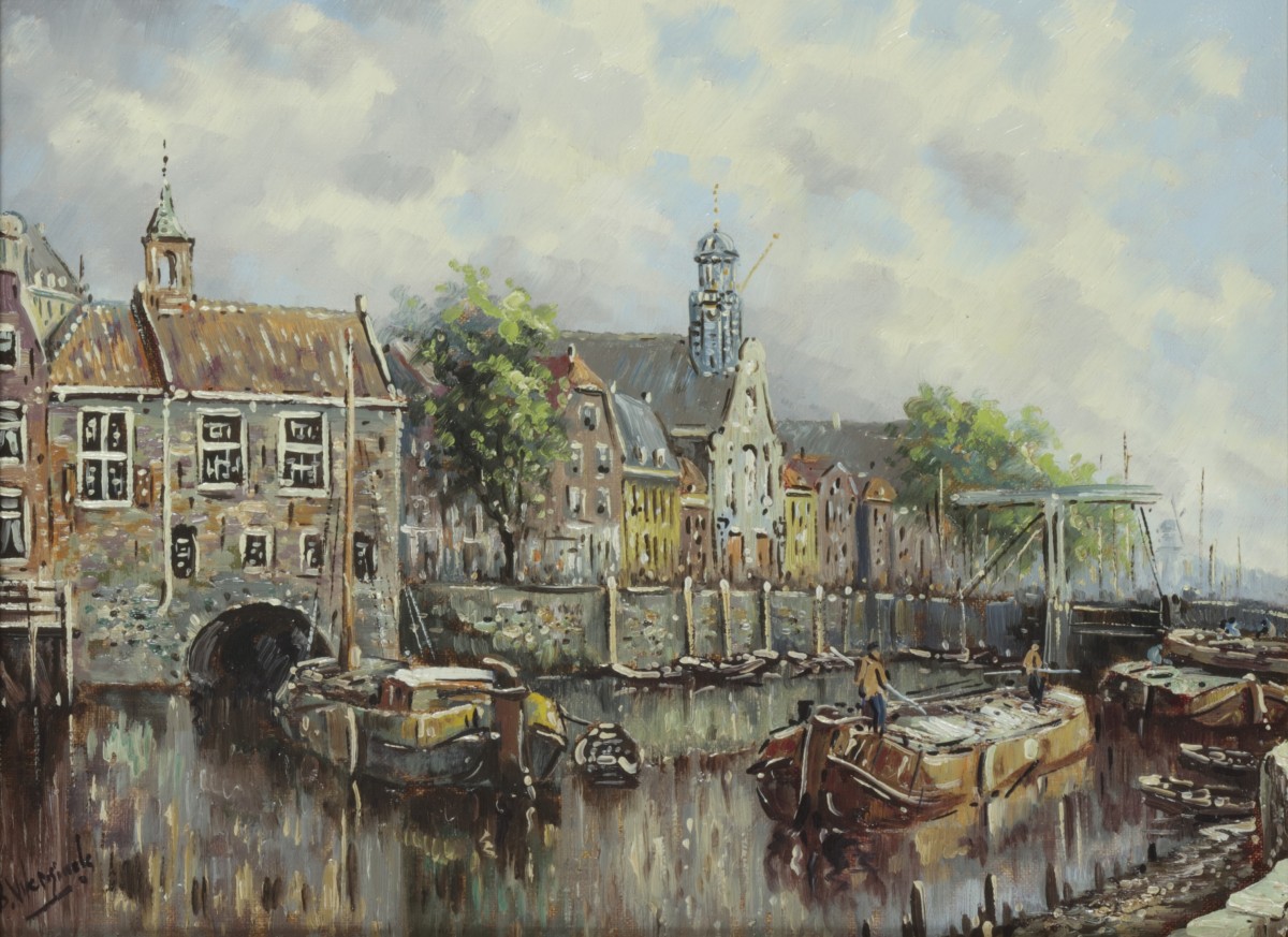 Hollandse school, 20e eeuw, onduidelijk gesigneerd (linksonder), Gezicht op Delftshaven.