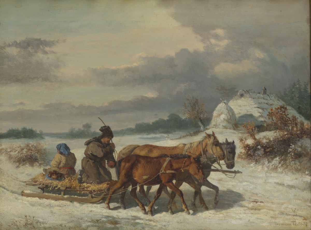 Draagt signatuur 'Hermann ten Kate', Een troïka in de sneeuw.