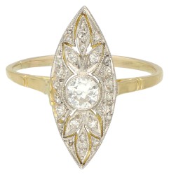 No Reserve - 14K Bicolour gouden Art Deco marquise ring bezet met ca. 0.20 ct. diamant.