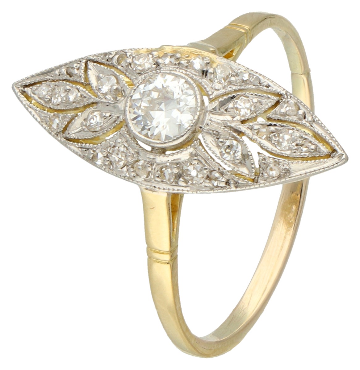 No Reserve - 14K Bicolour gouden Art Deco marquise ring bezet met ca. 0.20 ct. diamant.