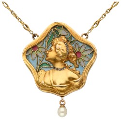 18K Geelgouden Art Nouveau plique-à-jour hanger aan collier. 