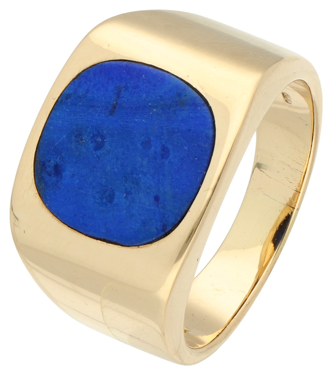 18K Geelgouden zegelring bezet met lapis lazuli.