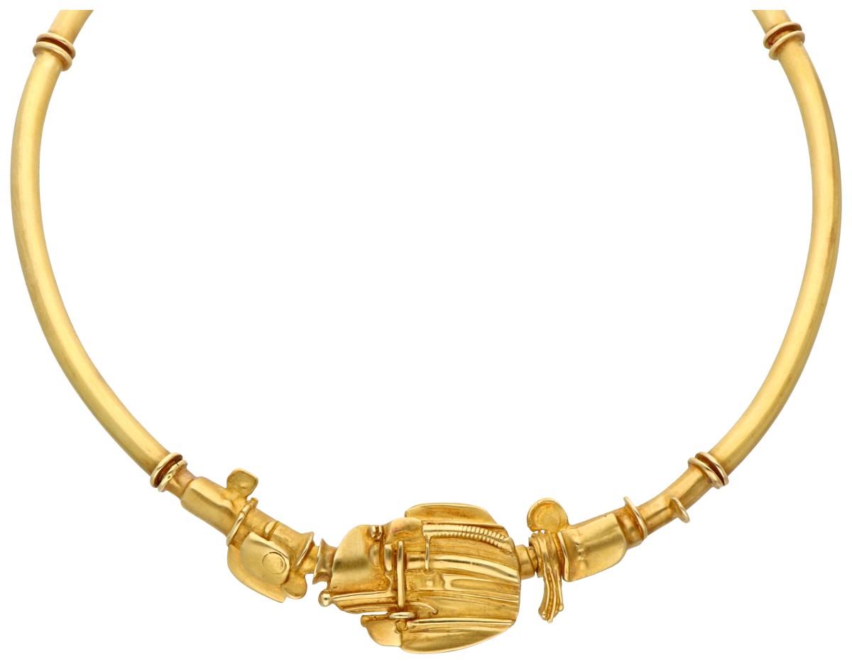 Exclusief Fernand Demaret 18K geelgouden collier met abstract vormgegeven middenstuk.