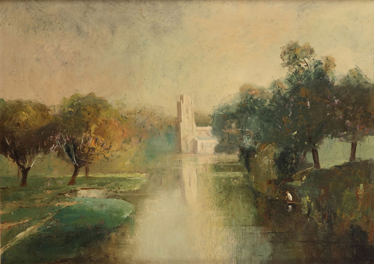 Lucien Frank (Brussel 1857 - 1920), Een visser aan het water, een kathedraal in het verschiet.