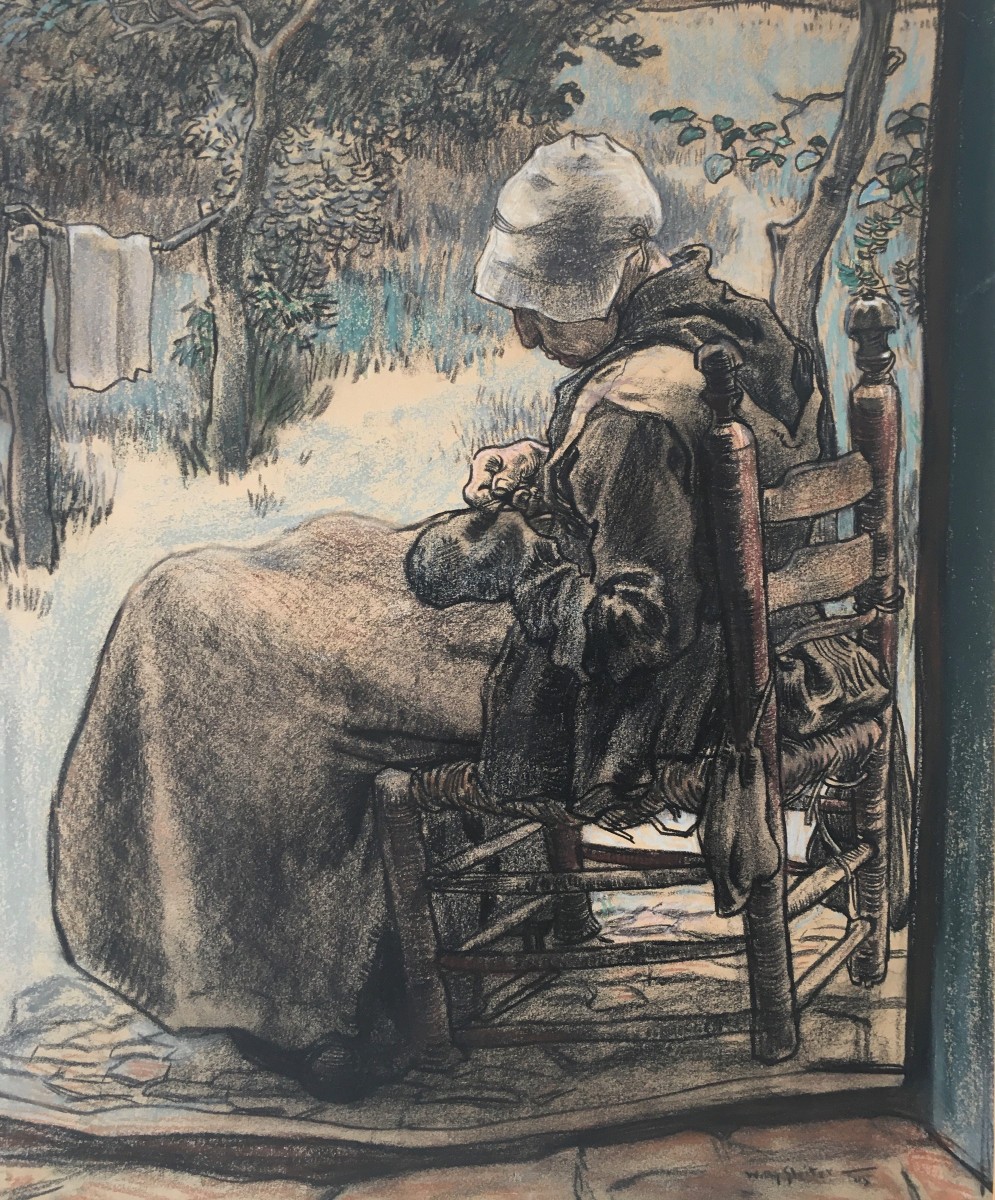Willy Sluiter (Amersfoort 1873 - 1949 Den Haag), Sokje stoppen/Handwerkende vrouw in een tuin.