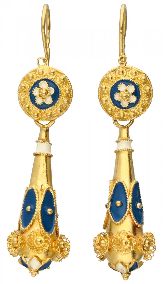 Geelgouden oorhangers, met witte en blauwe emaille - 19,2 kt.