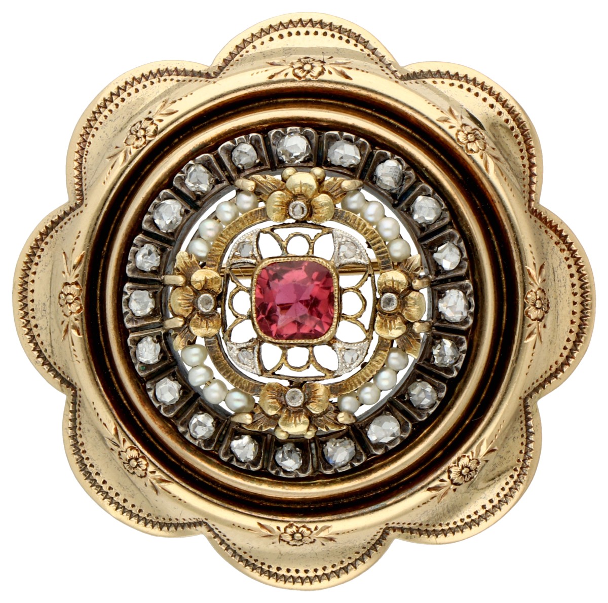 Gouden / zilveren broche bezet met ca. 0.70 ct. topaas, diamant en zaadparel.