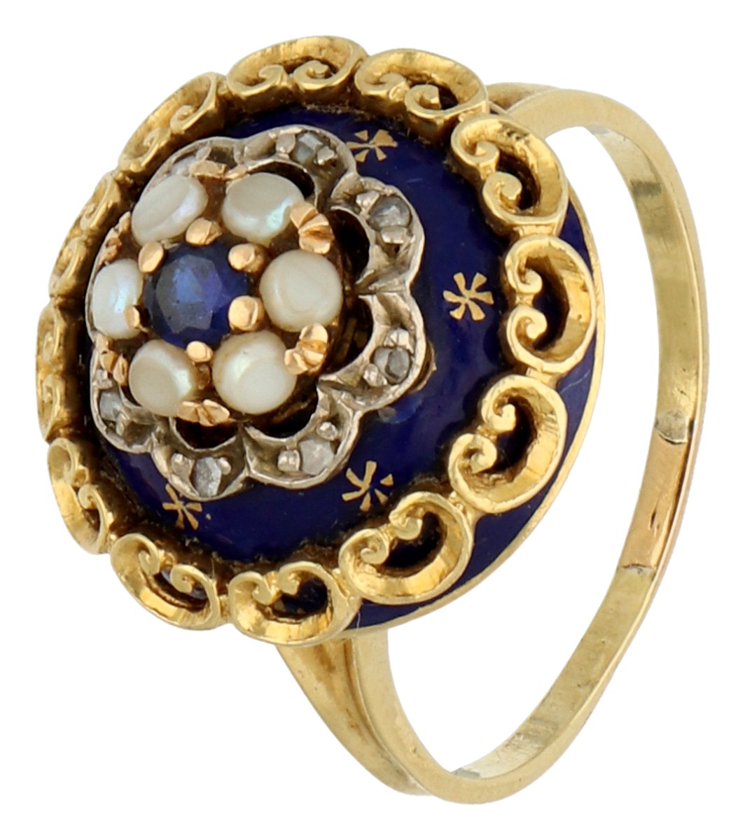 No Reserve - 14K Geelgouden blauw geëmailleerde ring met diamant in witgoud, saffier en imitatieparel.