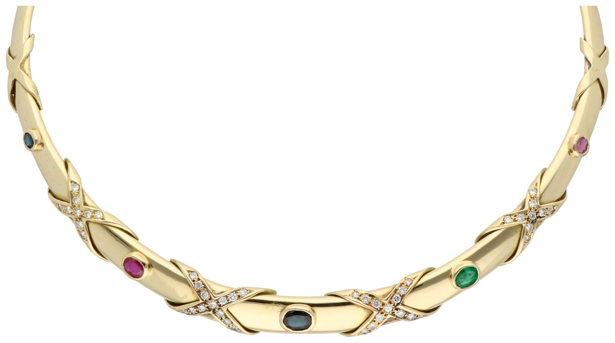 18K Geelgouden choker bezet met saffier, smaragd, robijn en diamant