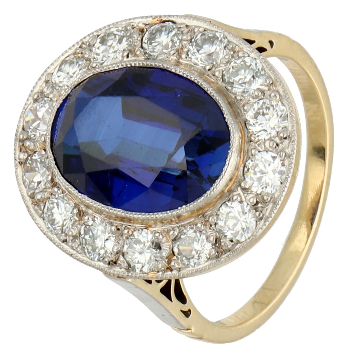 Gouden/platina entourage ring bezet met ca. 0.70 ct. diamant en synthetisch saffier