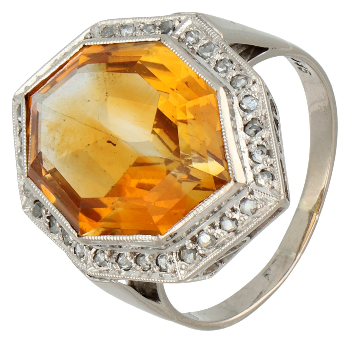 No Reserve - 14K Geelgouden Art Deco hexagonale entourage ring bezet met een fancy geslepen citrien en roos geslepen diamanten.