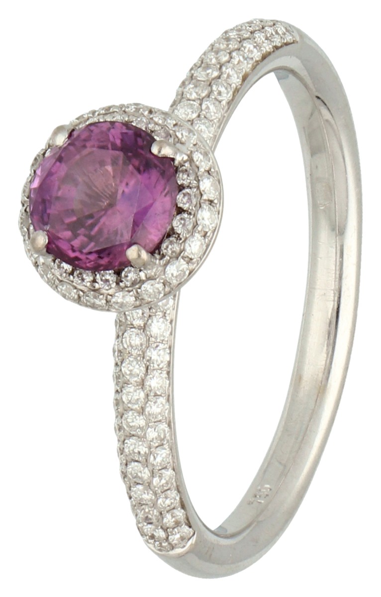 No Reserve - 18K Witgouden shoulder ring bezet met synthetische roze saffier en ca. 0.33 ct. diamant.