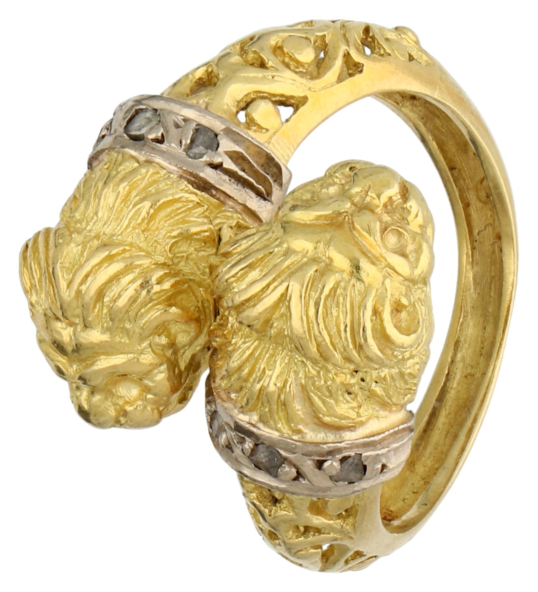 14K Geelgouden ring met dubbele Assyrische leeuwenkop bezet met diamant in witgoud.