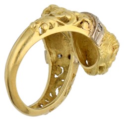 14K Geelgouden ring met dubbele Assyrische leeuwenkop bezet met diamant in witgoud.