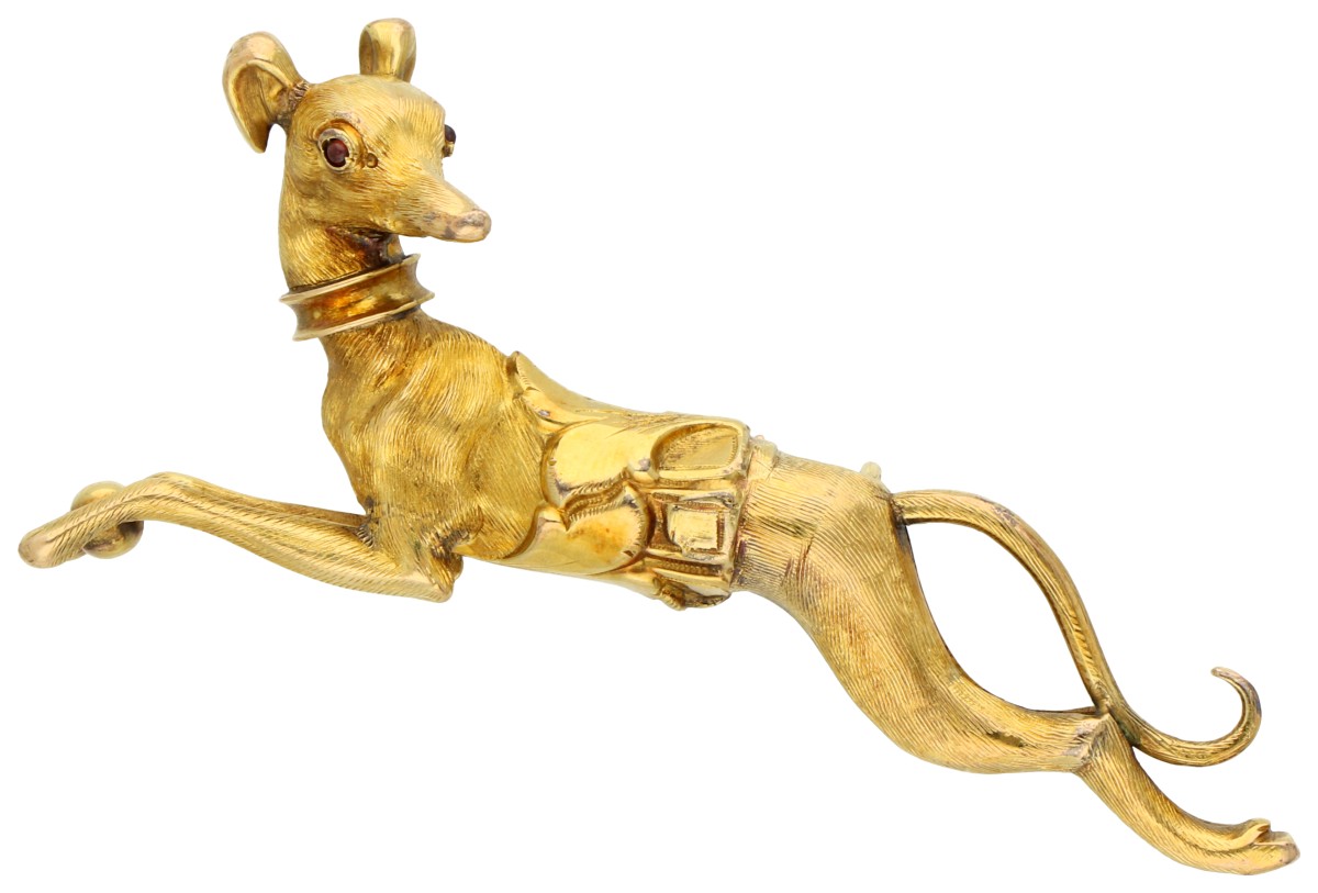 14K Geelgouden broche van een hazewind hond met ogen van glas.