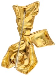 Helga Kordt 18K geelgouden broche bezet met ca. 0.08 ct. diamant en barok parel.