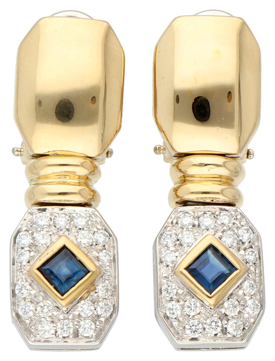 18K Bicolor gouden vintage oorstekers / oorclips bezet met saffier en ca. 0.18 ct. diamant.