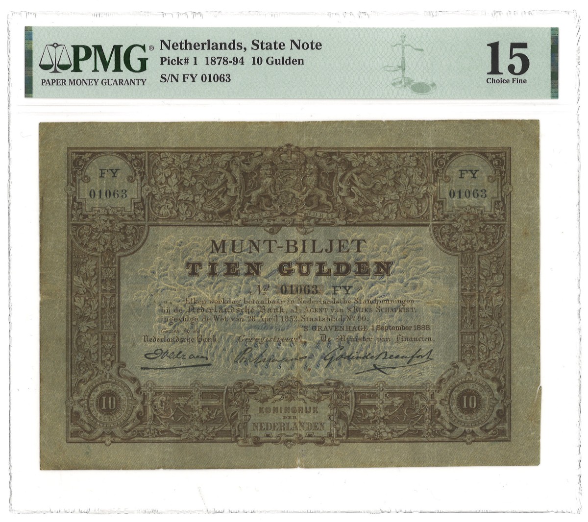 Nederland. 10 Gulden. Muntbiljet. Type 1878. - PMG 15