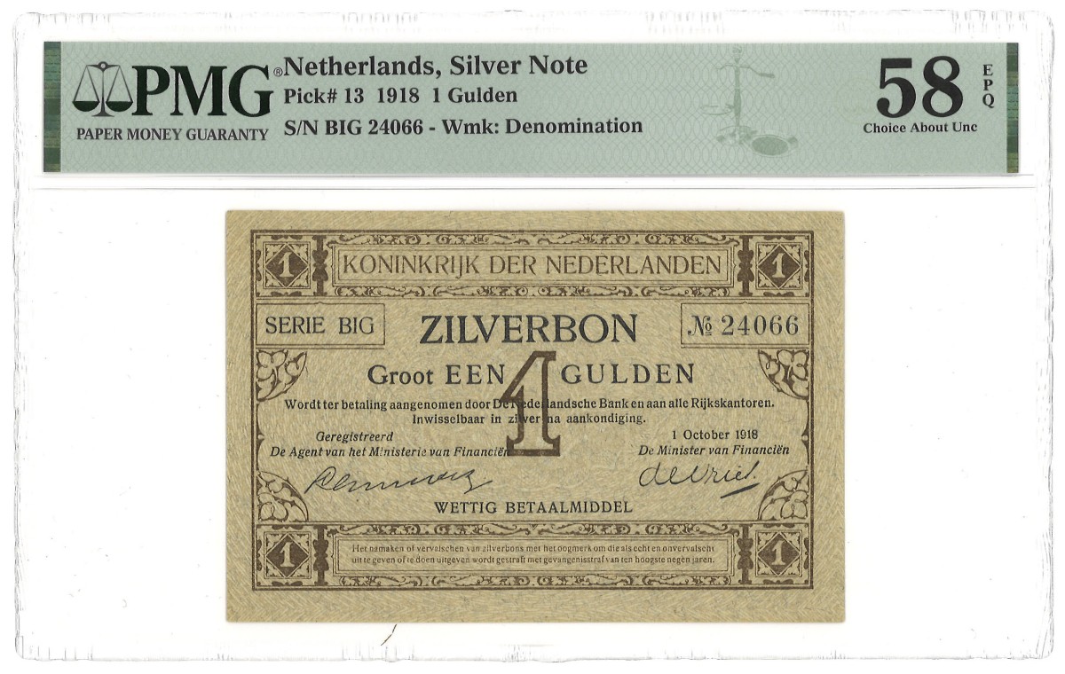 Nederland. 1 Gulden. Zilverbon. Type 1918. - PMG 58EPQ