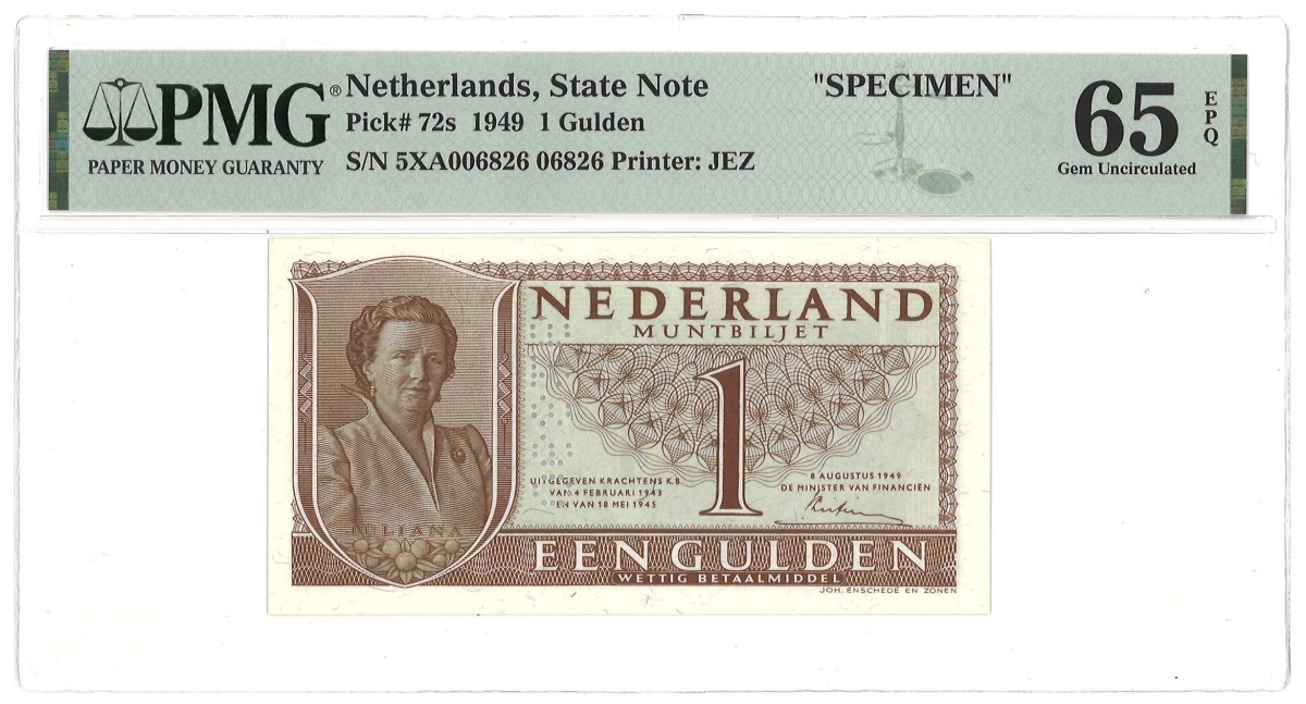 Nederland. 1 Gulden. Muntbiljet. Type 1949. -  PMG 65EPQ