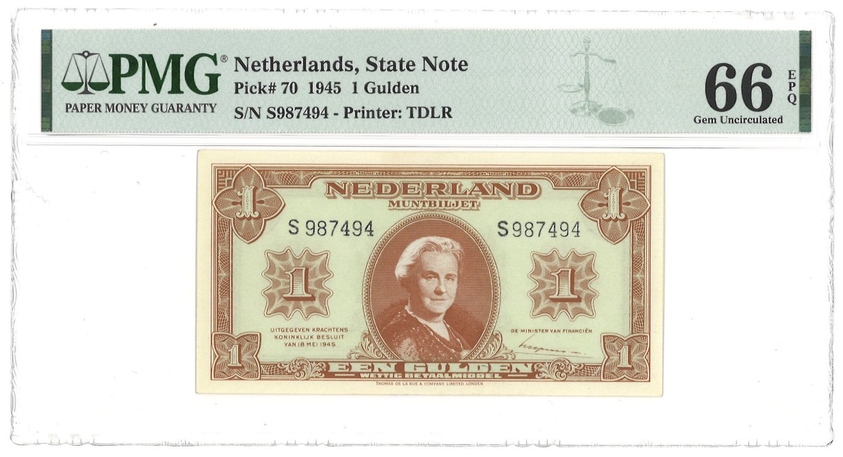 Nederland. 1 Gulden. Muntbiljet. Type 1945. - PMG 66EPQ