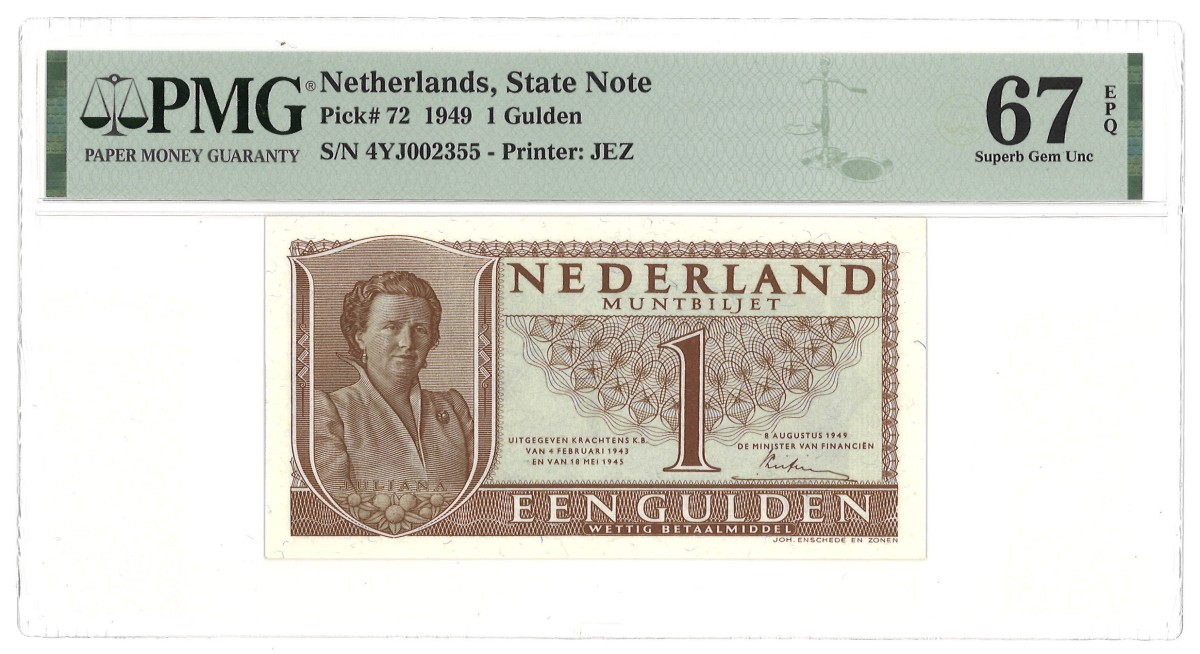 Nederland. 1 Gulden. Muntbiljet. Type 1949. - PMG 67EPQ