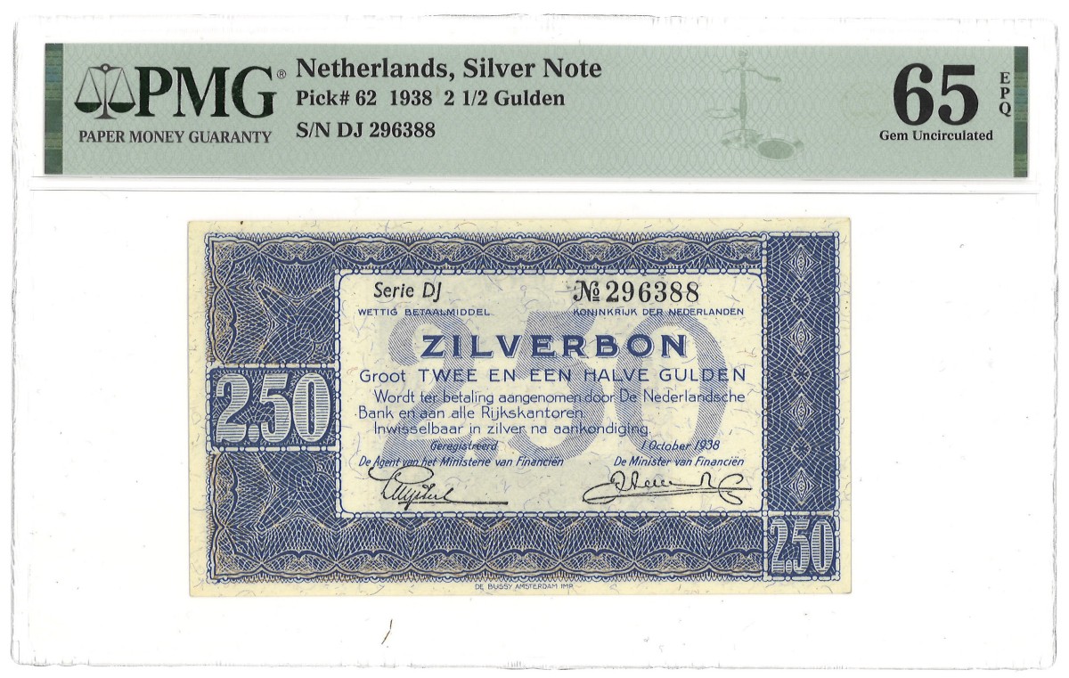 Nederland. 2½ Gulden. Zilverbon. Type 1938. - PMG 65EPQ