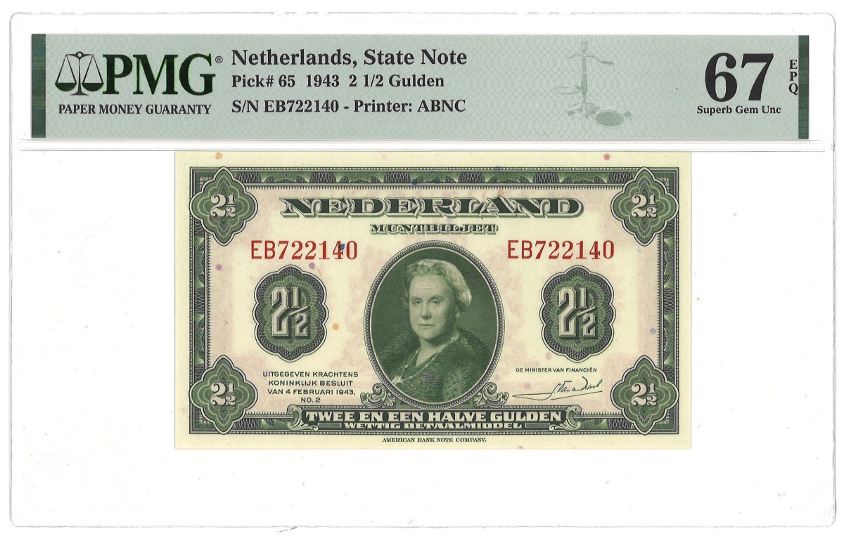 Nederland. 2½ Gulden. Muntbiljet. Type 1943. - PMG 67EPQ