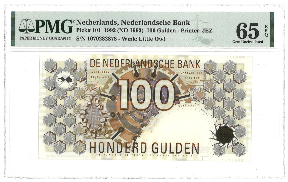 Nederland. 100 Gulden. Bankbiljet. - Licht bruine barcode kleine c! - Type 1992. - PMG 65EPQ