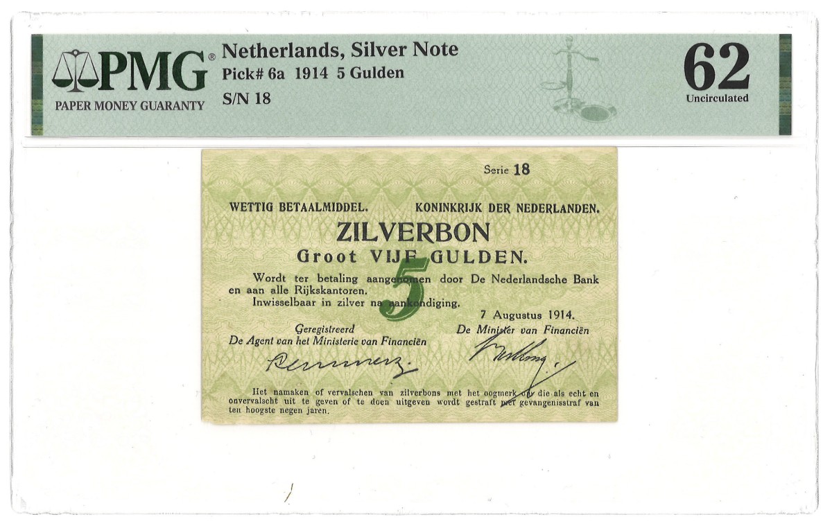 Nederland. 5 Gulden. Zilverbon. Type 1914. - PMG 62