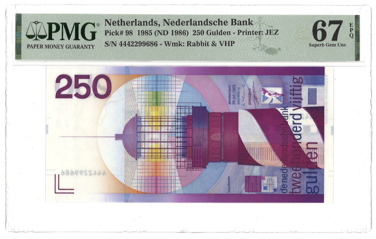 Nederland. 250 Gulden. Bankbiljet. Type 1985. - PMG 67EPQ