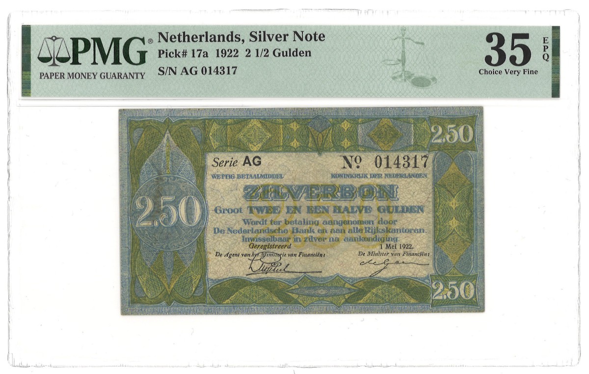 Nederland. 2½ Gulden. Zilverbon. Type 1922. - PMG 35EPQ