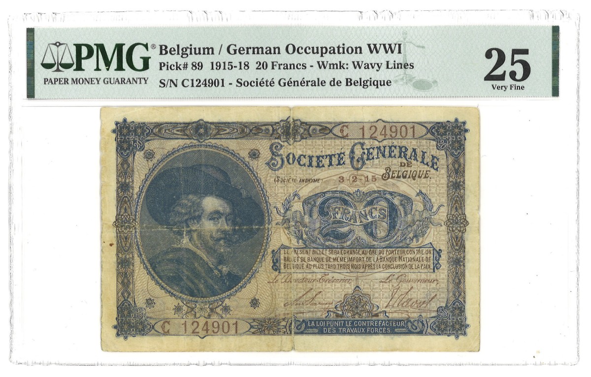 Belgium. 20 Francs. Banknote. Type 1915-1918. - PMG 25