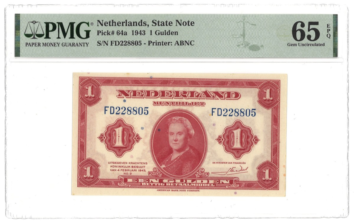 Nederland. 1 Gulden. Muntbiljet. Type 1943. - PMG 65EPQ