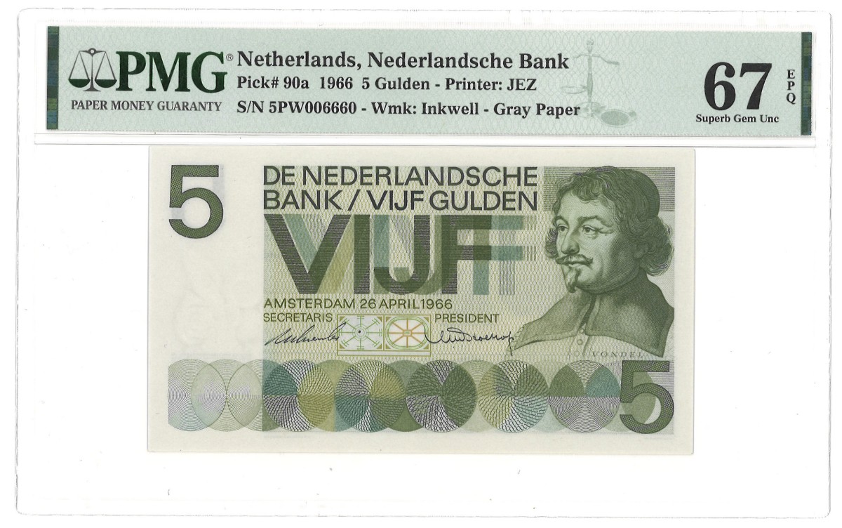 Nederland. 5 Gulden. Bankbiljet. Type 1966. - PMG 67EPQ