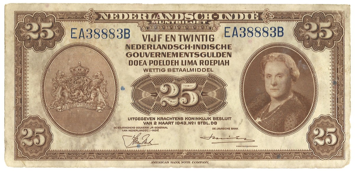 Netherlands-Indië. 25 Gulden. Muntbiljet. Type 1943. - Very fine -.