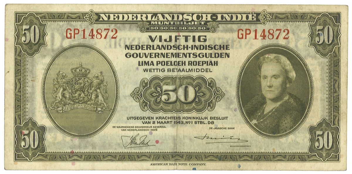 Netherlands-Indië. 50 Gulden. Muntbiljet. Type 1943. - Very fine +.